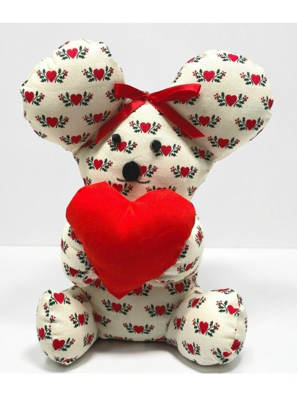 Red Heart Stuffed Bear Plush Toy Handmade Hearts Holly Fabric Red Bow 7 Inch